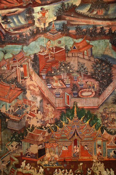 Detail of the Murals of Viharn Laikam Portraying the Sang Thong Tales by Thai School